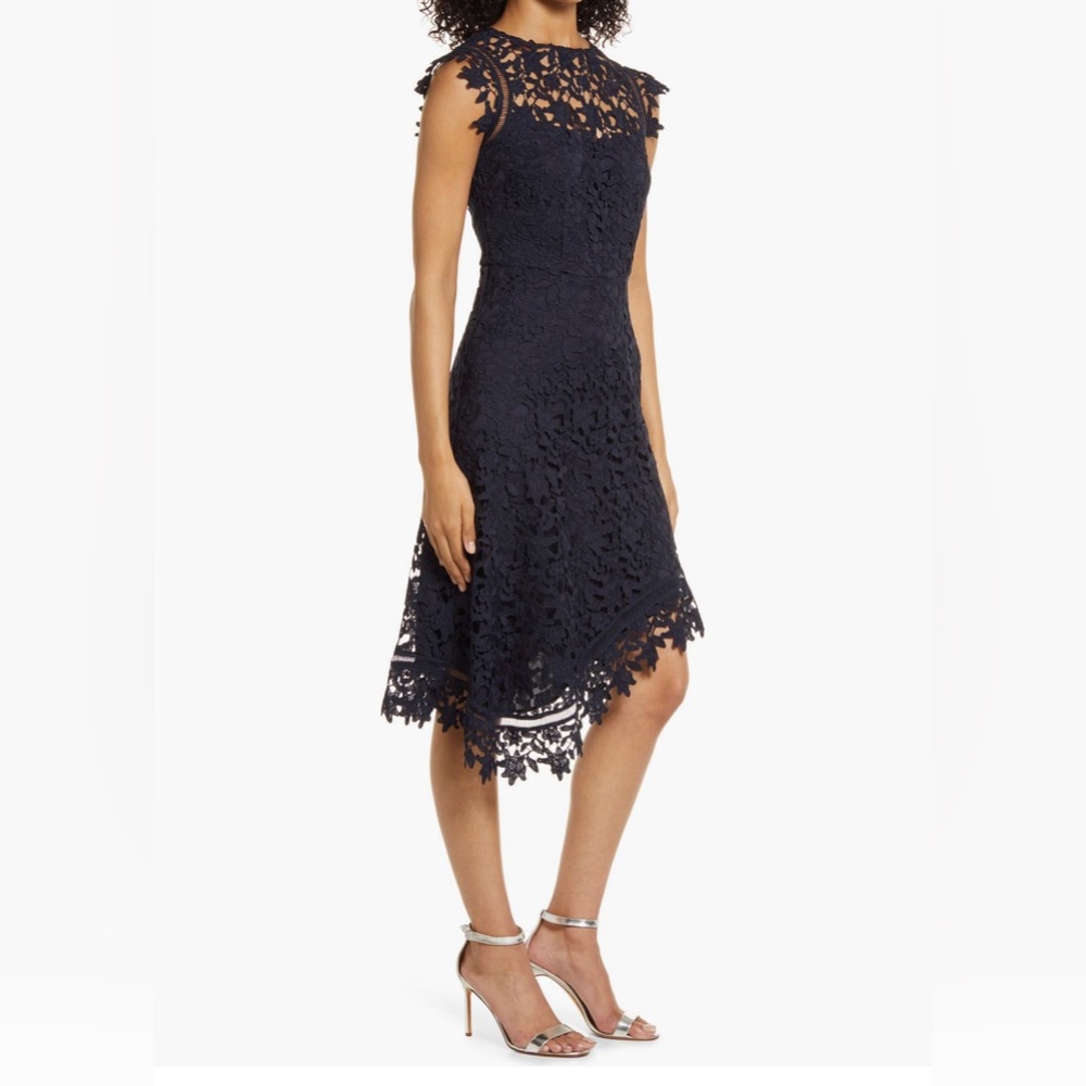 Eliza J Navy Floral Lace Asymmetrical Hem Dress